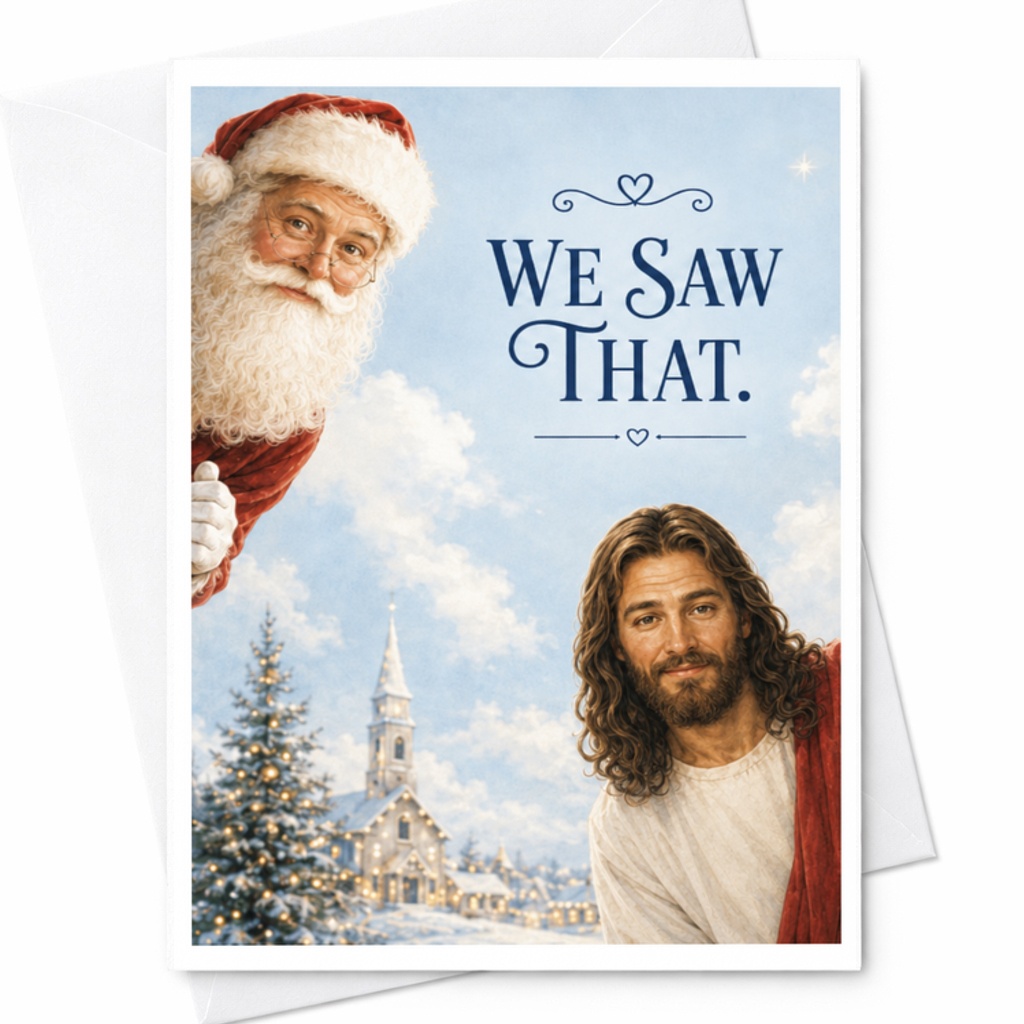 We Saw That. Funny Christmas Card Santa And Jesus Holiday Festive Greeting Card For Friends Family Colleagues C3817