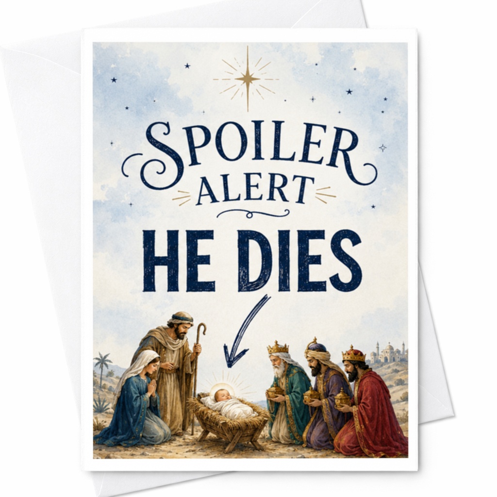 Spoiler Alert He Dies Funny Christmas Card Nativity Scene Holiday Greeting Card For Friends Family Coworkers C3820