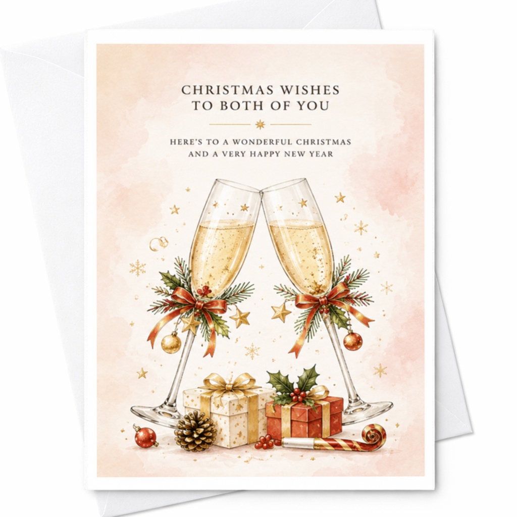 Christmas Wishes To Both Of You Christmas Card Holiday Greeting Card For Couple Festive Champagne Glasses With Gifts New Year Wish C3804