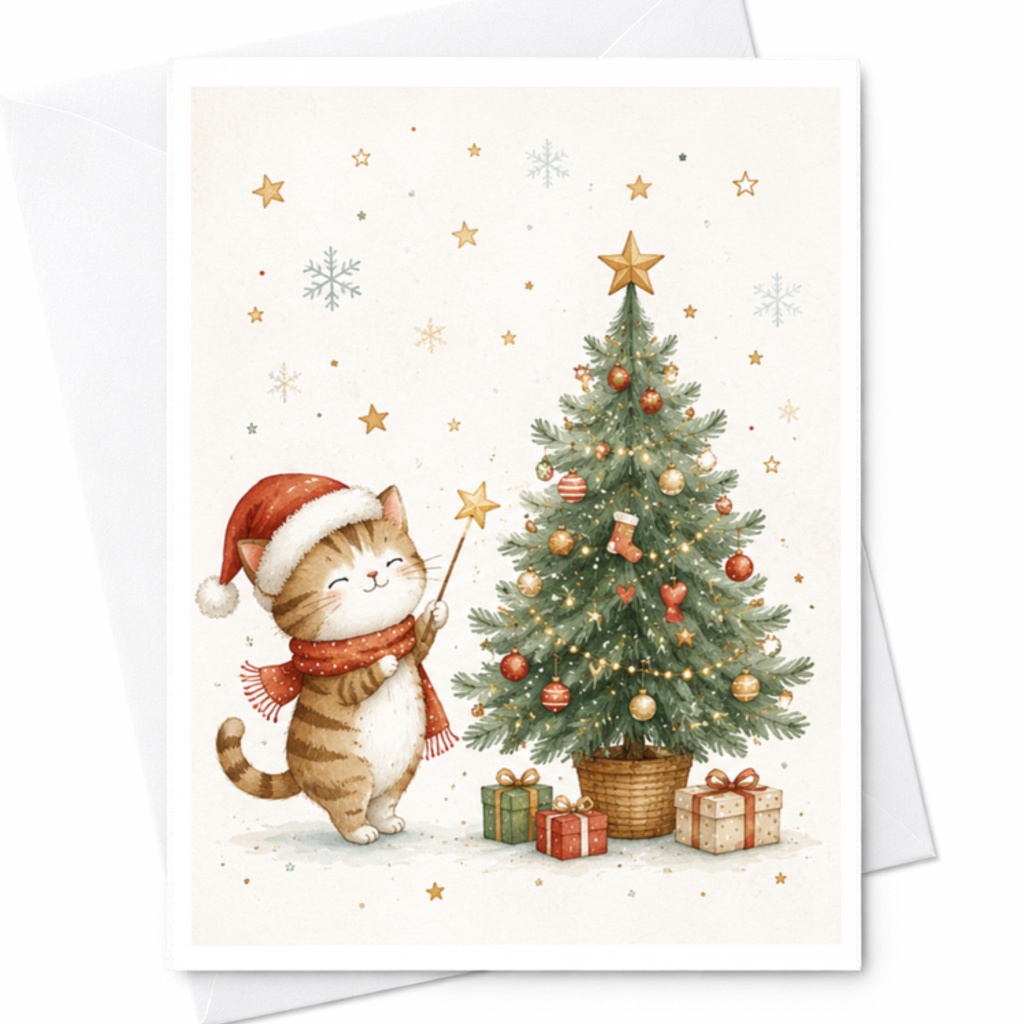Cat With Christmas Tree Card Cute Holiday Greeting Card For Cat Lovers Festive Christmas Card With Santa Cat And Gifts C3808