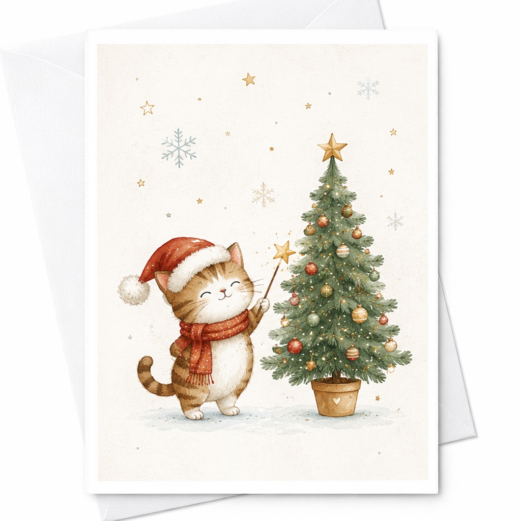 Cat With Christmas Tree Cute Holiday Card Christmas Greeting Card For Cat Lover Festive Animal Card Winter Holiday Card C3809