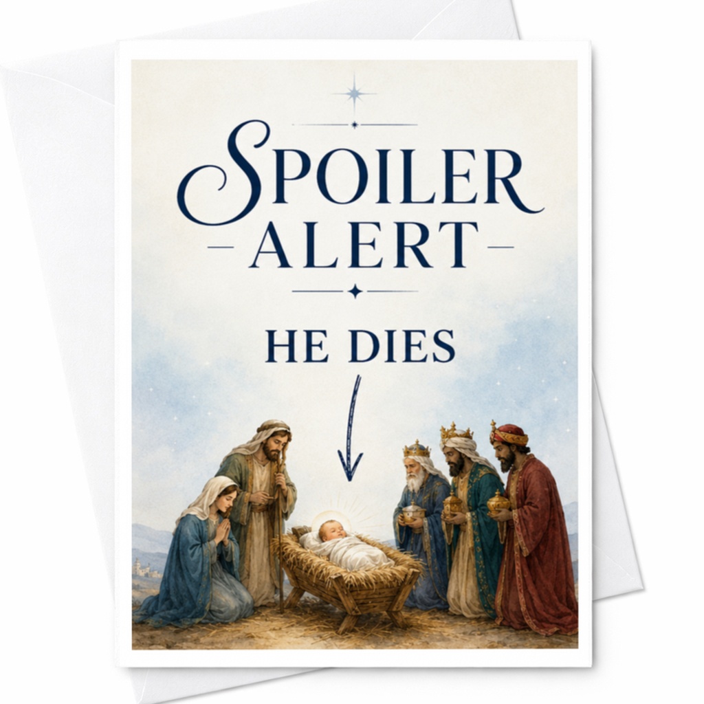 Spoiler Alert He Dies Funny Christmas Card Nativity Scene Holiday Greeting Card For Friends Family Coworkers C3821