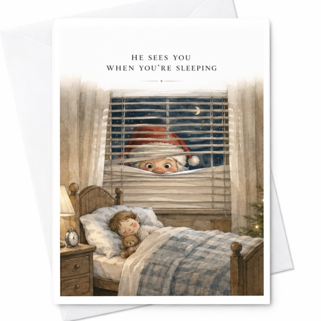 He Sees You When You're Sleeping Santa Peeking Christmas Card Funny Holiday Greeting Card Festive For Friends Family C3825