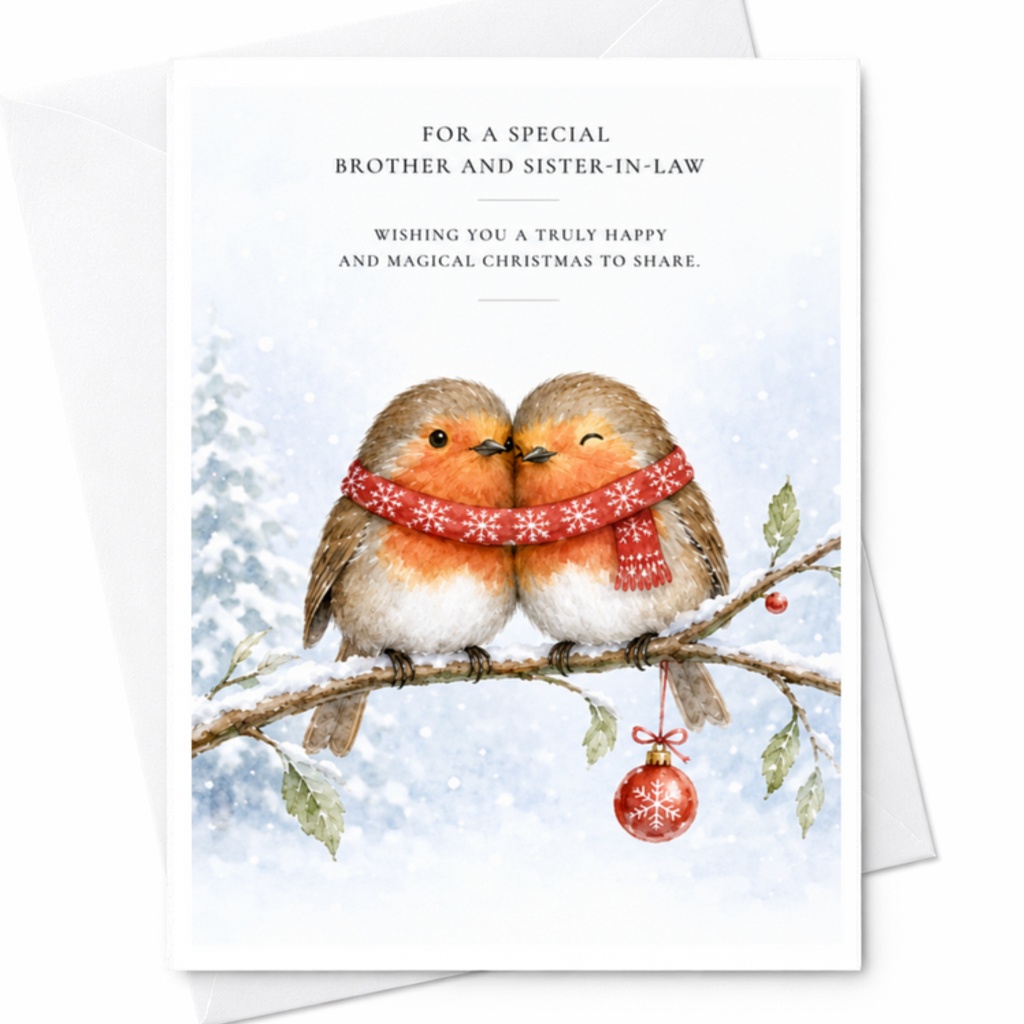 For A Special Brother And Sister-In-Law Christmas Card Happy Magical Holiday Greeting Card Cute Robins Winter Scene C3832
