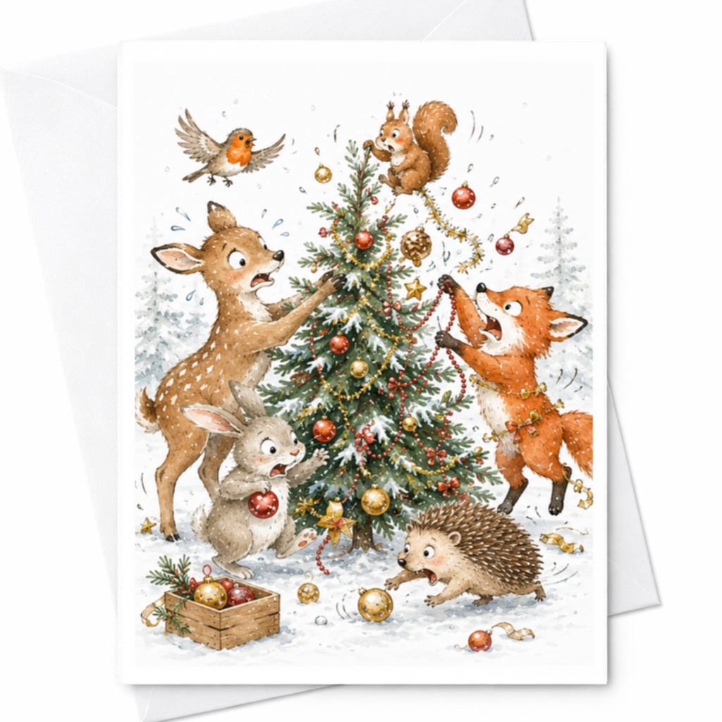 Woodland Animals Decorating Christmas Tree Card Cute Holiday Greeting Card For Family Kids Christmas Card Animal Lover C3837