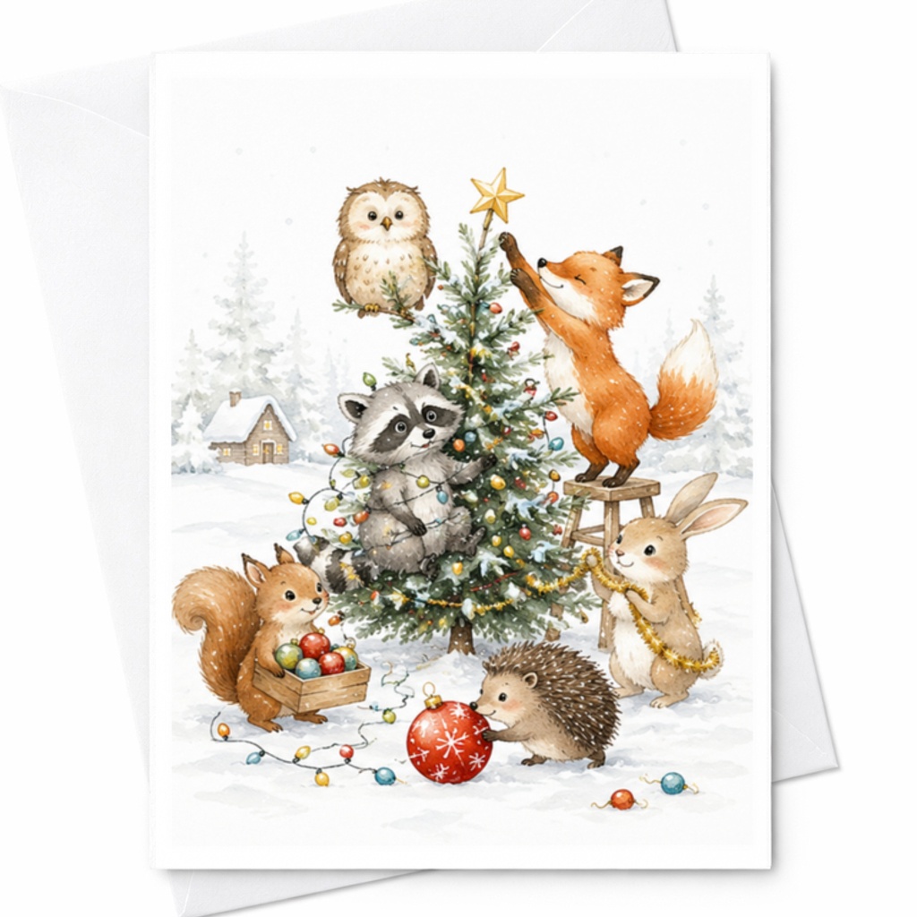 Woodland Animals Decorating Christmas Tree Card Cute Holiday Greeting Card For Animal Lover Festive Winter Scene Christmas Card C3838