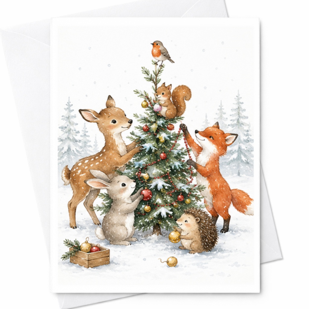 Woodland Animals Decorating Christmas Tree Card Cute Holiday Greeting Card For Animal Lover Winter Scene Christmas Card C3839