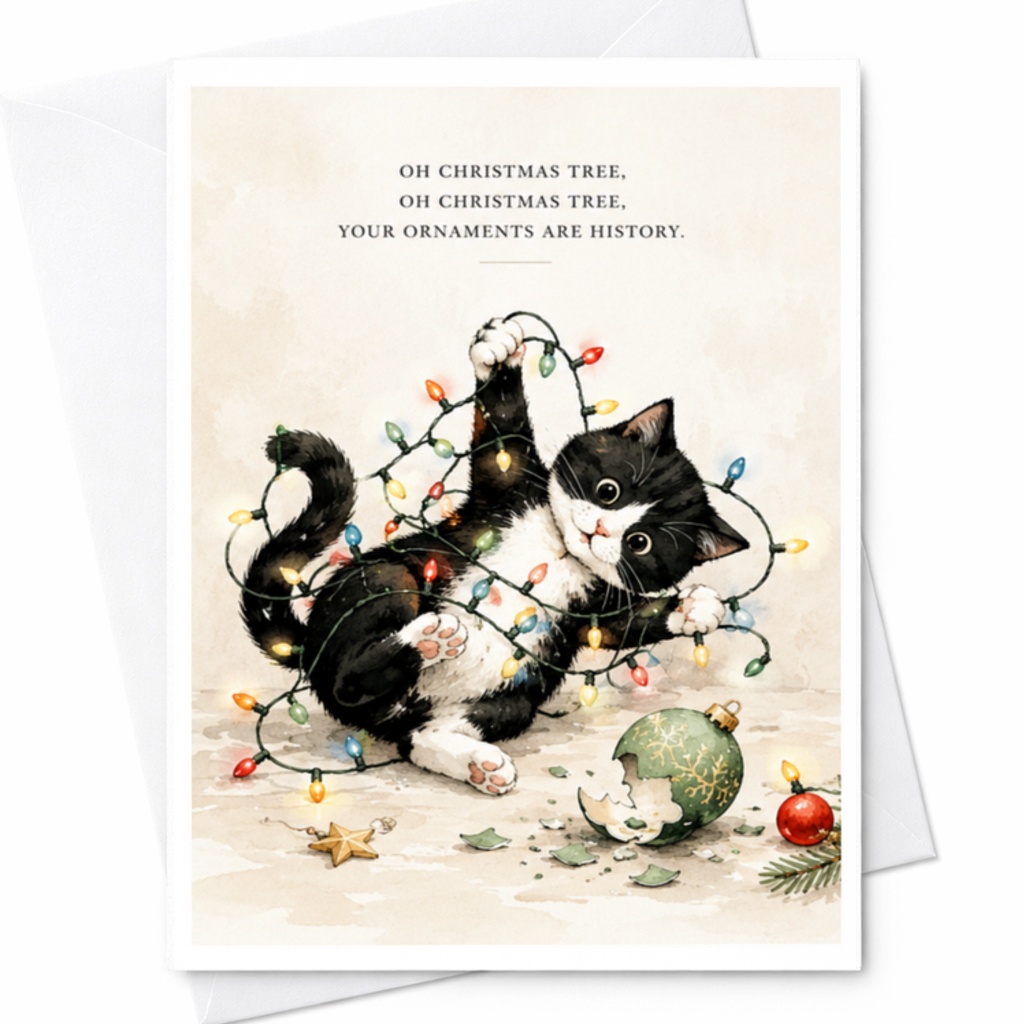 Oh Christmas Tree, Oh Christmas Tree, Your Ornaments Are History. Funny Cat Christmas Card Cute Holiday Card For Cat Lover C3844