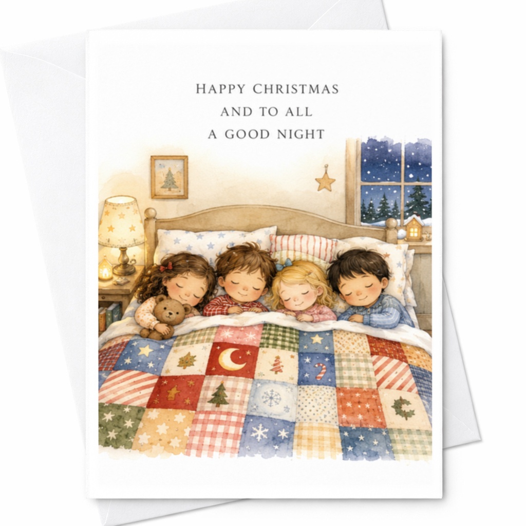 Happy Christmas And To All A Good Night Christmas Card Cute Children Sleeping Under Quilt Holiday Greeting Card For Family C3848