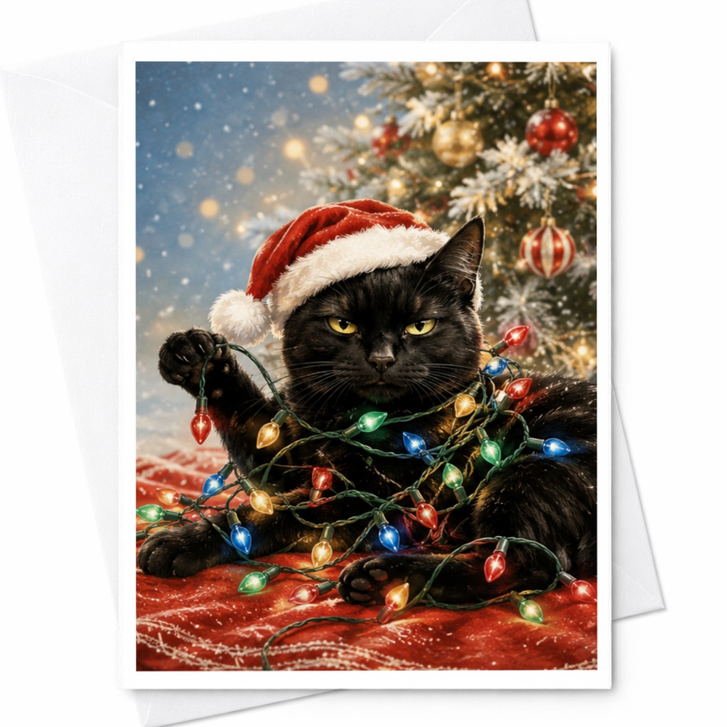 Black Cat Christmas Card Cute Holiday Greeting Card For Cat Lover Festive Santa Hat Lights Christmas Tree Animal Lover Card C3828
