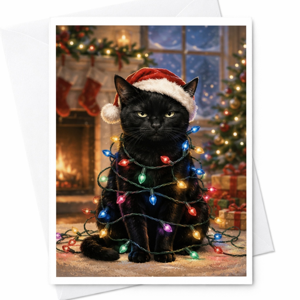 Black Cat Christmas Card Cute Holiday Greeting Card For Cat Lover Festive Santa Hat Lights Cozy Winter Scene Animal Lover C3829