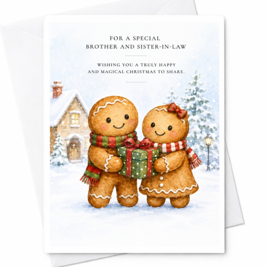 For A Special Brother And Sister-In-Law Christmas Card Gingerbread Couple With Gift Magical Holiday Greeting Card C3833