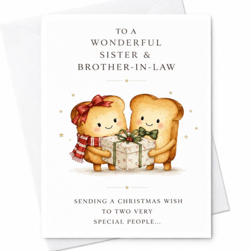 To A Wonderful Sister & Brother-In-Law Christmas Card Cute Toast Characters Holiday Greeting Card For Family Special People C3835