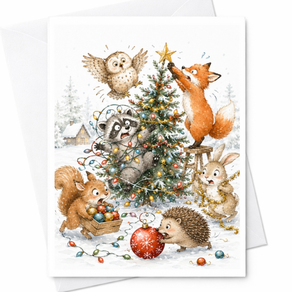 Woodland Animals Decorating Christmas Tree Christmas Greeting Card Cute Holiday Card For Family Kids Animal Lovers Festive Winter C3836