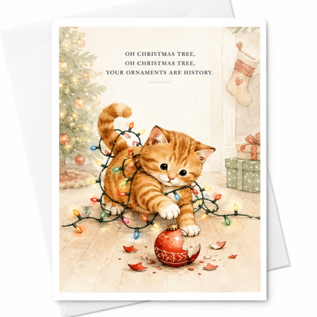 Oh Christmas Tree, Oh Christmas Tree, Your Ornaments Are History. Funny Christmas Card Cute Kitten Holiday Card Cat Lover C3845