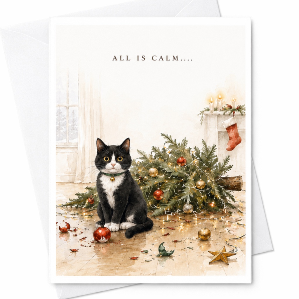 All Is Calm.... Christmas Card Cat With Christmas Tree Holiday Greeting Card For Cat Lovers Seasonal Festive Cute Animal Card C3846