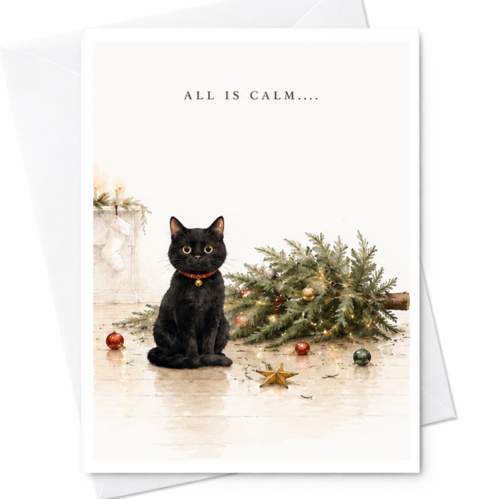 All Is Calm.... Christmas Card Cute Cat Holiday Greeting Card Festive Seasonal Card For Cat Lover Family Friends C3847