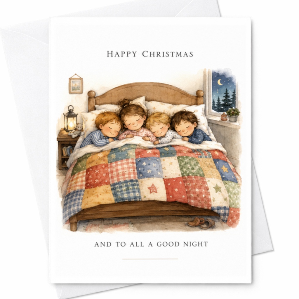 Happy Christmas And To All A Good Night Christmas Card Cute Children Sleeping Under Quilt Holiday Greeting Card For Family C3849