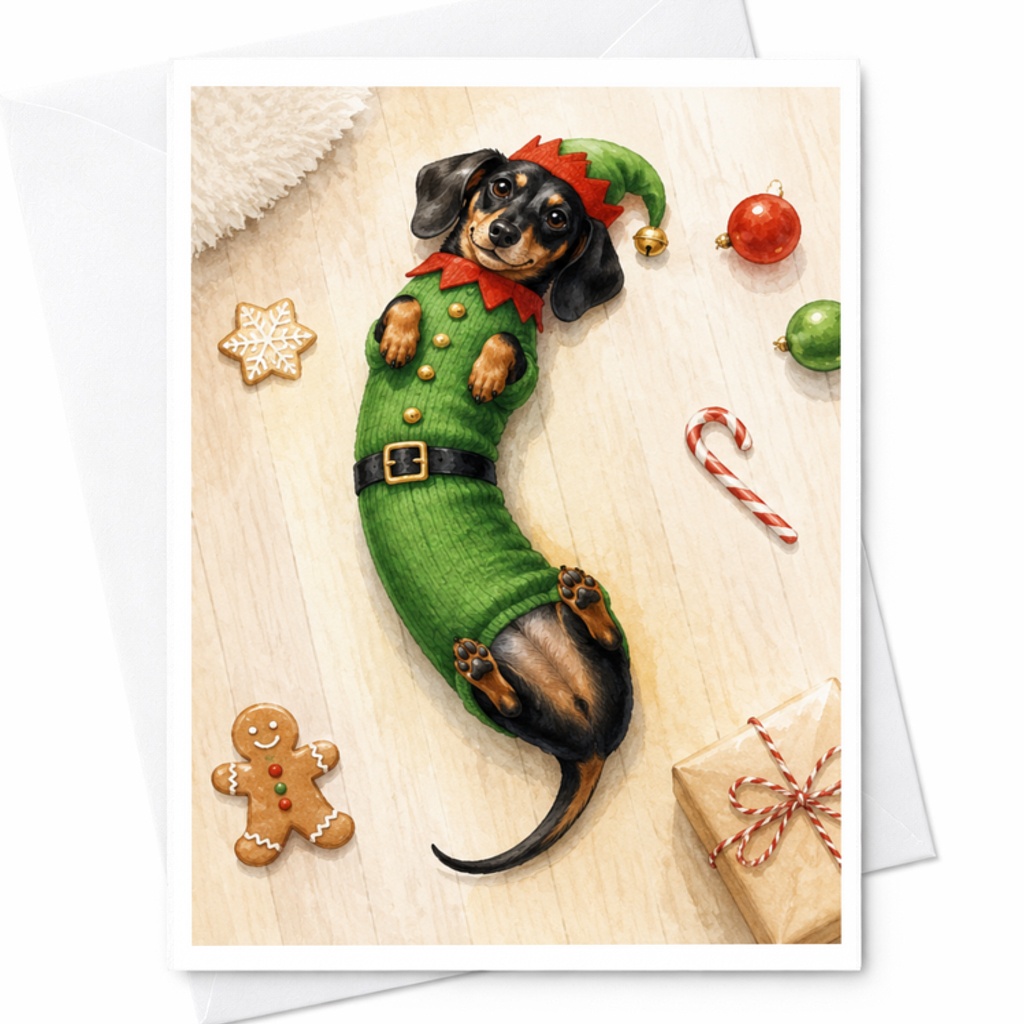 Dachshund In Elf Costume Christmas Card Cute Dog Holiday Greeting Card For Dog Lovers Festive Winter Card For Family Friends C3852
