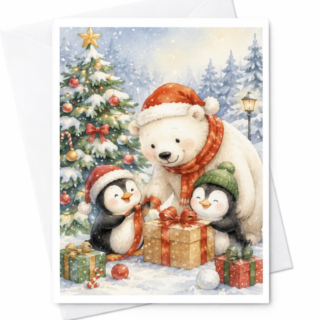 Polar Bear And Penguins Christmas Card Cute Holiday Greeting Card Winter Scene For Kids Family Animal Lover Festive Xmas Card C3854