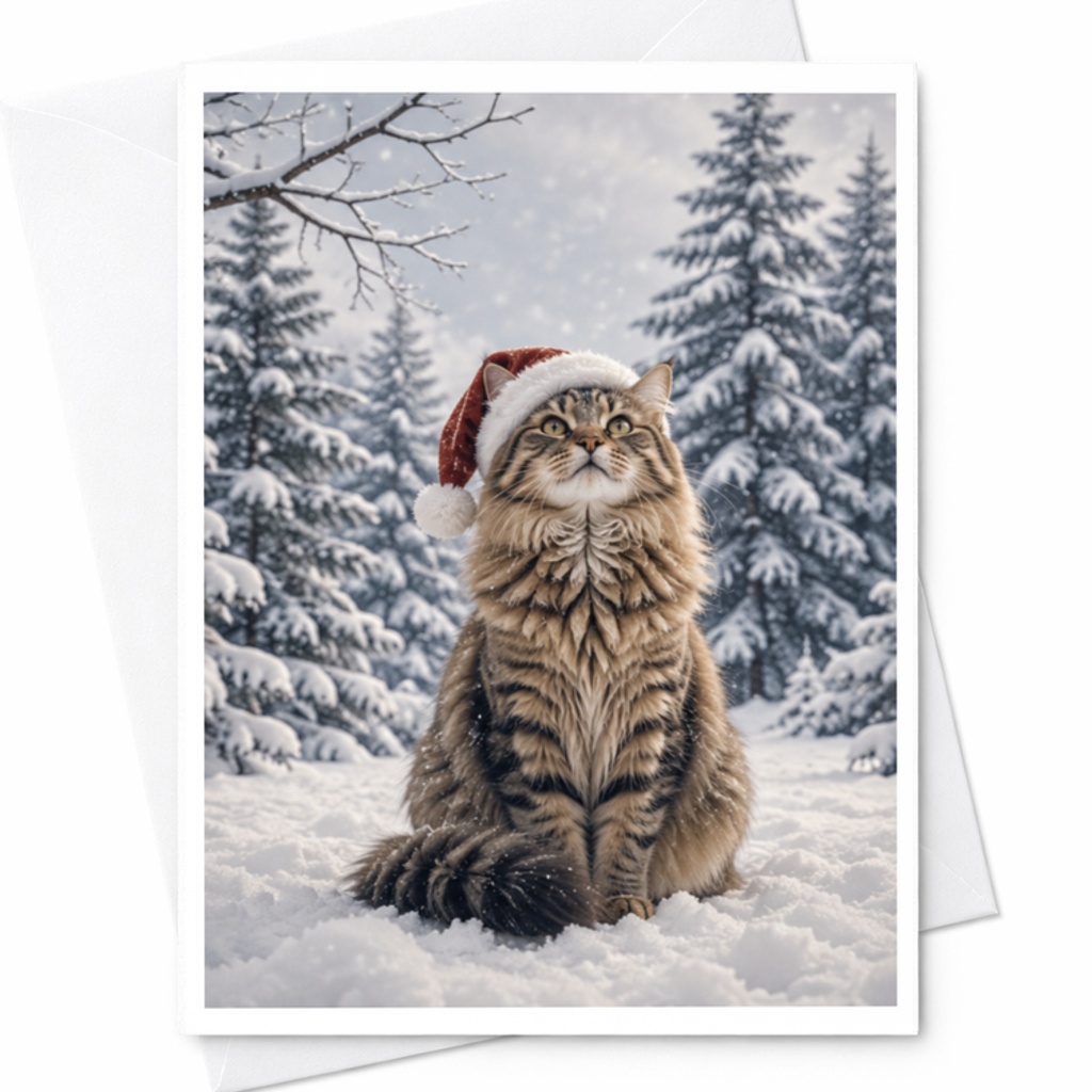 Cat In Santa Hat Christmas Card Cute Holiday Greeting Card For Cat Lovers Winter Snow Scene Festive Animal Card C3856