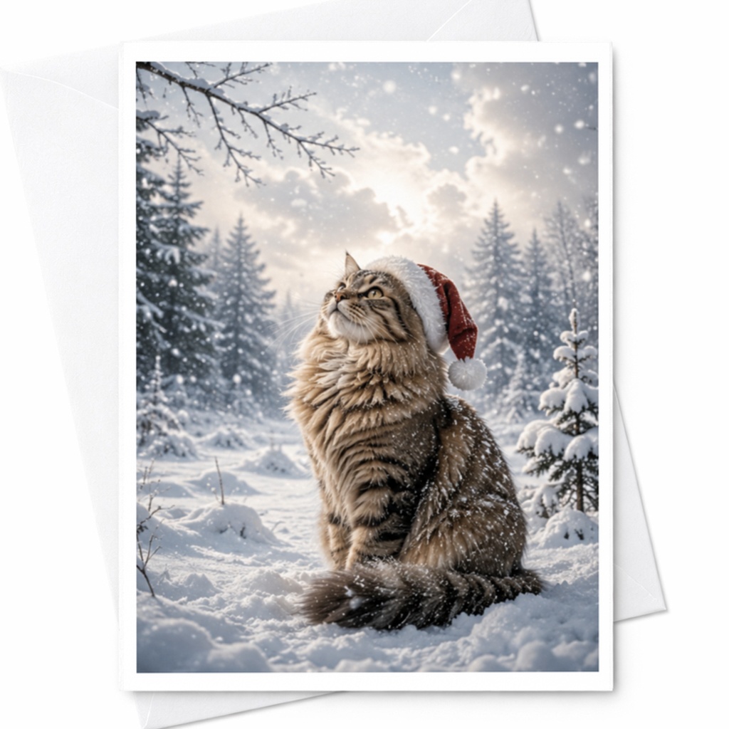 Cat In Santa Hat Christmas Card Cute Holiday Greeting Card For Cat Lovers Winter Snow Scene Festive Animal Card C3857