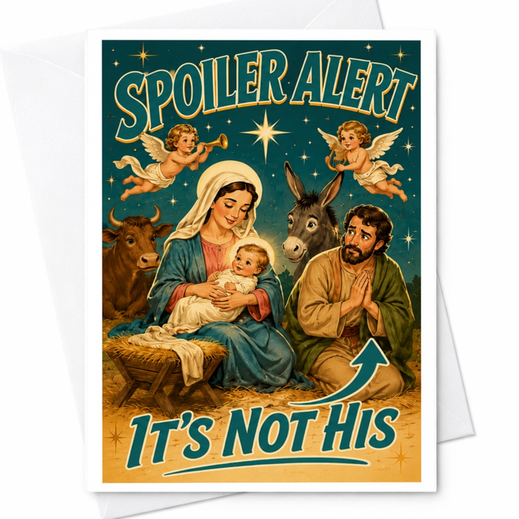 Spoiler Alert It's Not His Funny Christmas Card Nativity Scene Holiday Greeting Card For Friends Family C3858