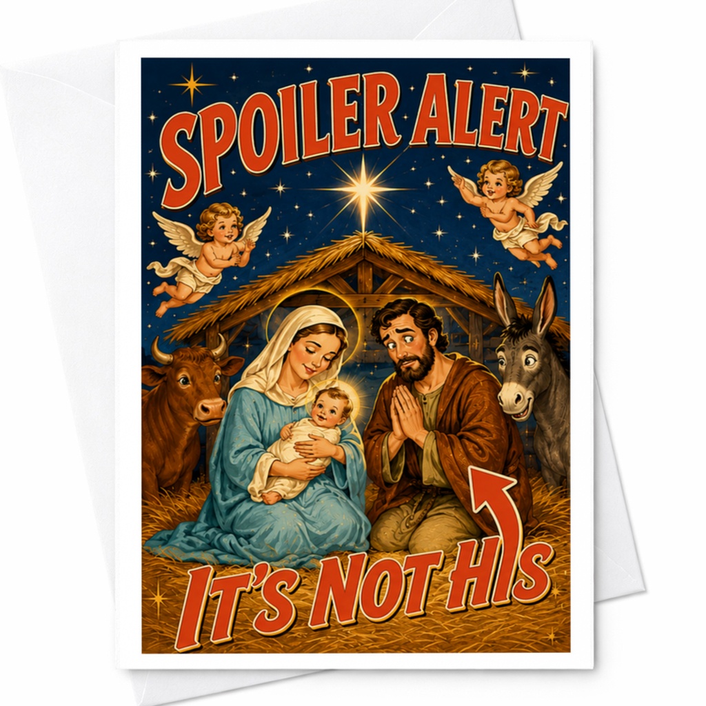 Spoiler Alert It's Not His Funny Christmas Card Nativity Scene Holiday Greeting Card For Friends Family Unique Xmas Card C3859