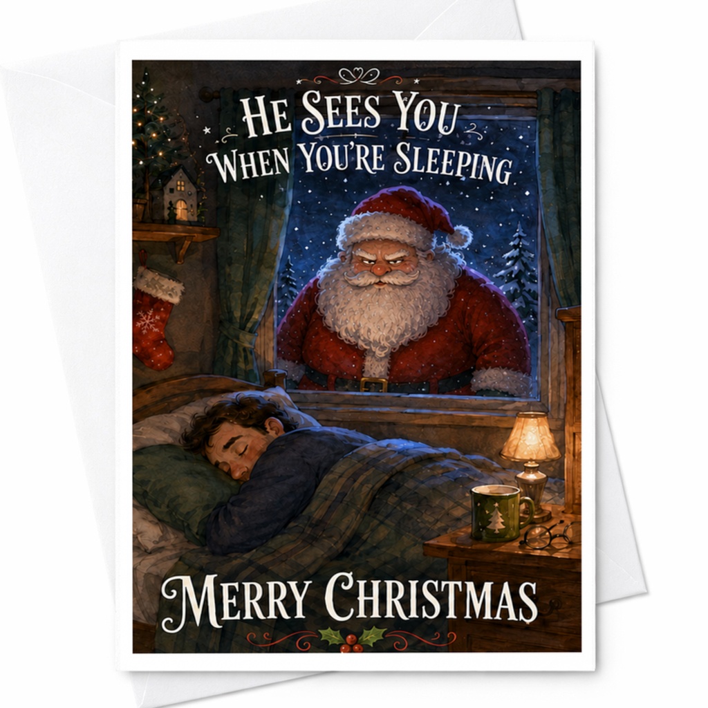 He Sees You When You're Sleeping Merry Christmas Funny Santa Card Holiday Greeting Card For Him Xmas Card C3862