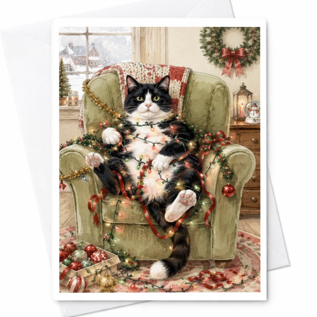 Black Cat With Christmas Lights Holiday Card Cute Cat Lover Christmas Card Festive Greeting Card For Cat Owners Cozy Winter Scene C3850
