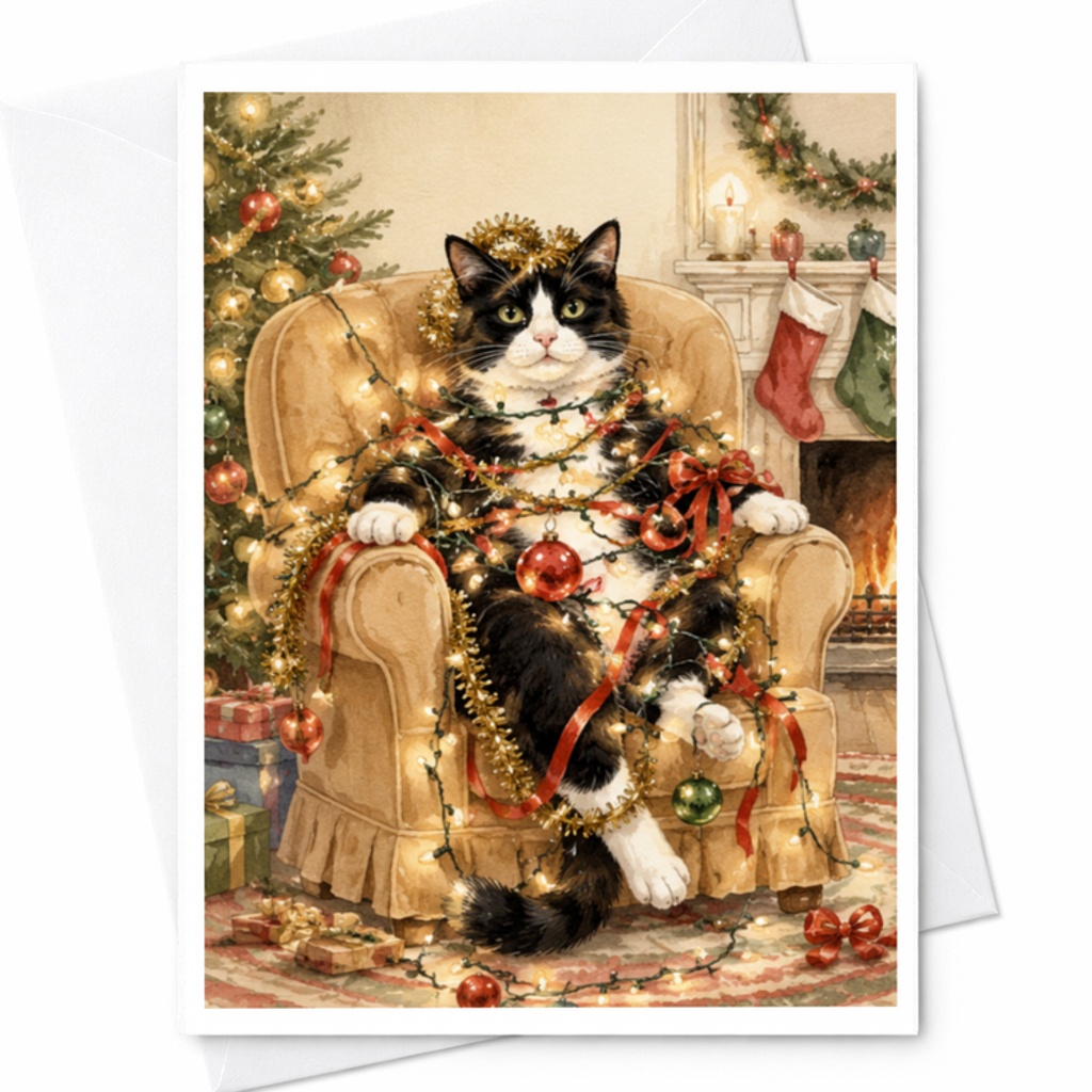 Cat Christmas Card Cute Holiday Greeting Card For Cat Lovers Festive Decorated Tree Cozy Fireplace Scene Adorable Pet Card C3851
