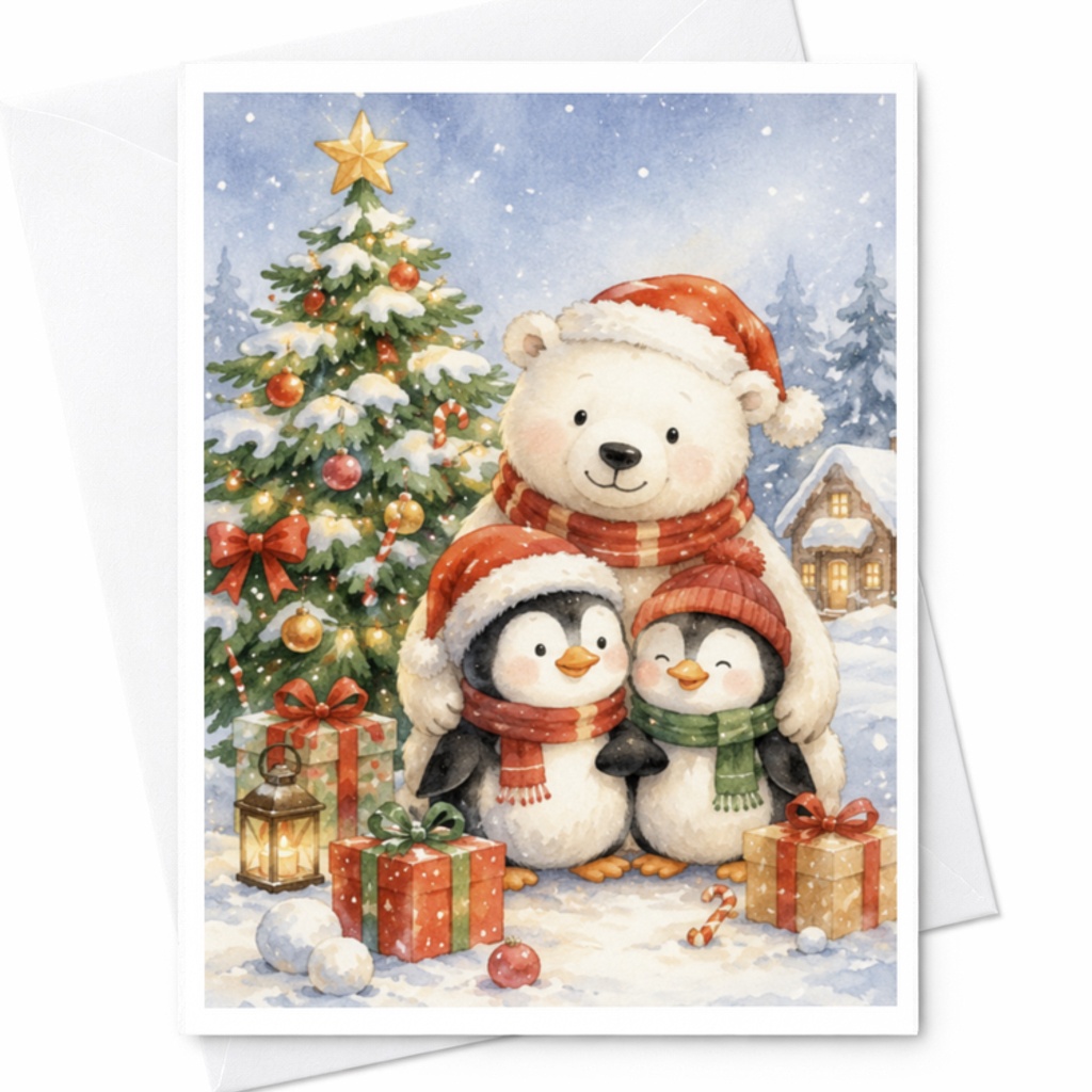 Polar Bear And Penguins Christmas Card Cute Holiday Greeting Card Winter Scene For Family Kids Animal Lover Festive Xmas Card C3855