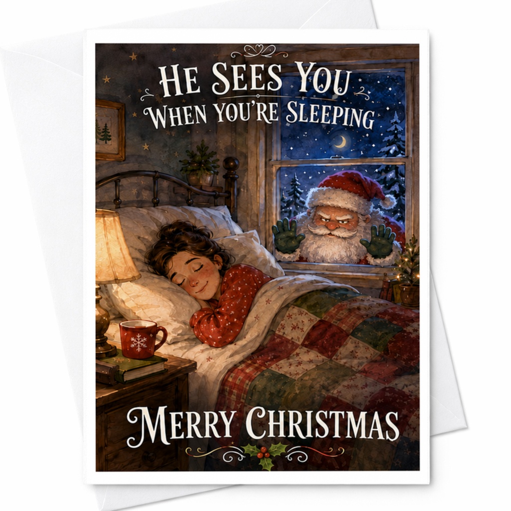 He Sees You When You're Sleeping Merry Christmas Funny Christmas Card Santa Watching Child Holiday Festive Greeting Card C3863