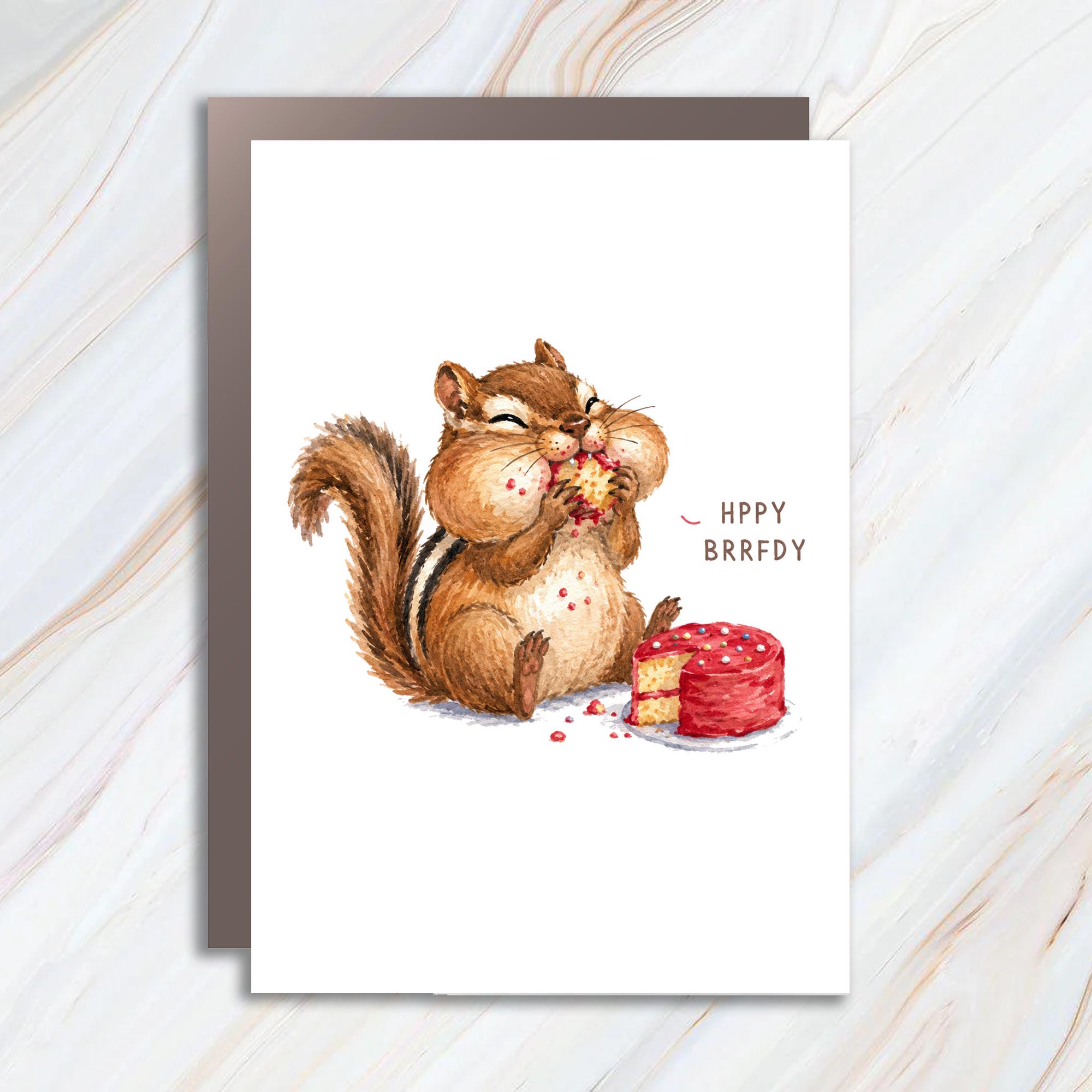 Hppy Brrfdy Cute Chipmunk Birthday Card Funny Animal Greeting Card For Friend Kids Celebration Cake Illustration WC133