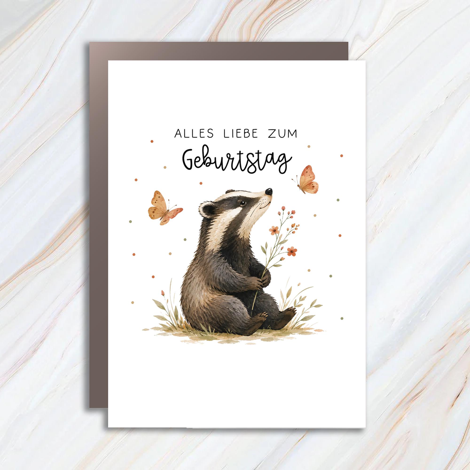 Alles Liebe Zum Geburtstag Cute Badger Birthday Card Nature Illustration For Animal Lover Whimsical Greeting Card BC136