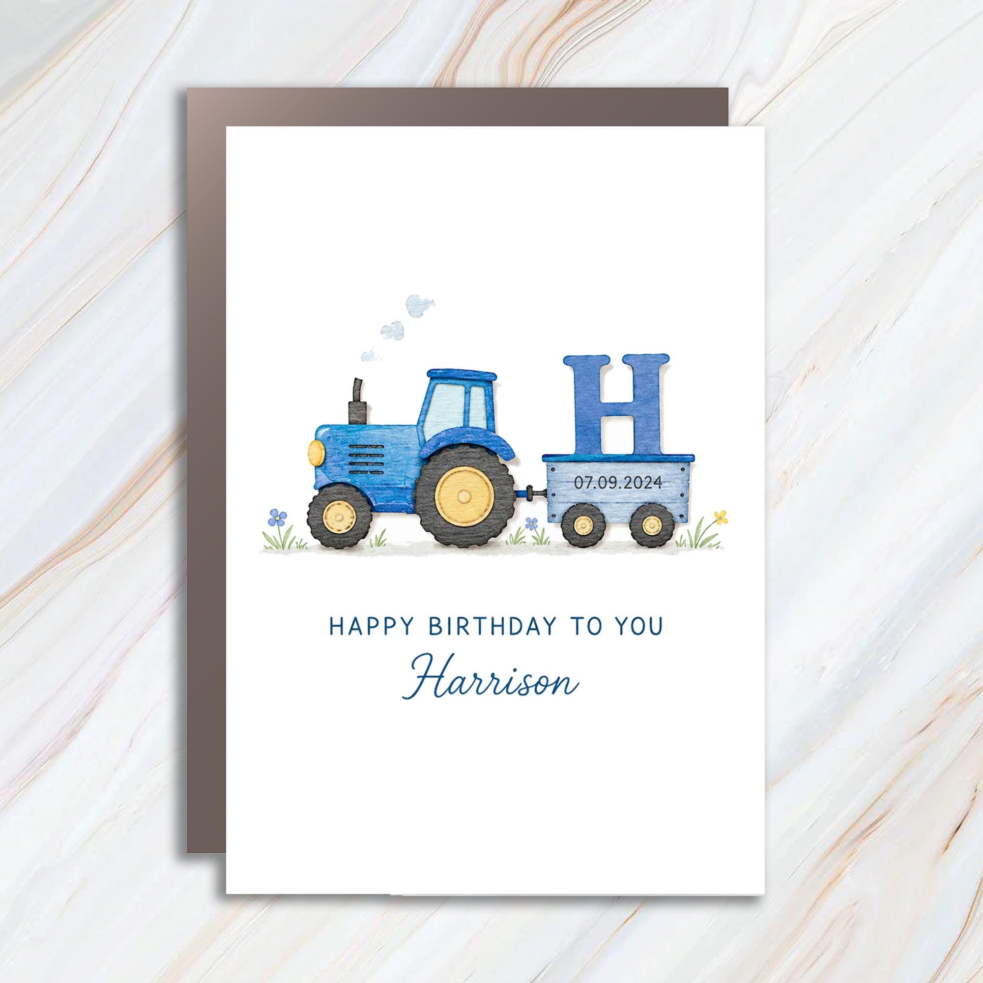 Happy Birthday To You Harrison Birthday Card Blue Tractor Theme Personalized Kids Birthday Card Cute Custom Name Card BC137