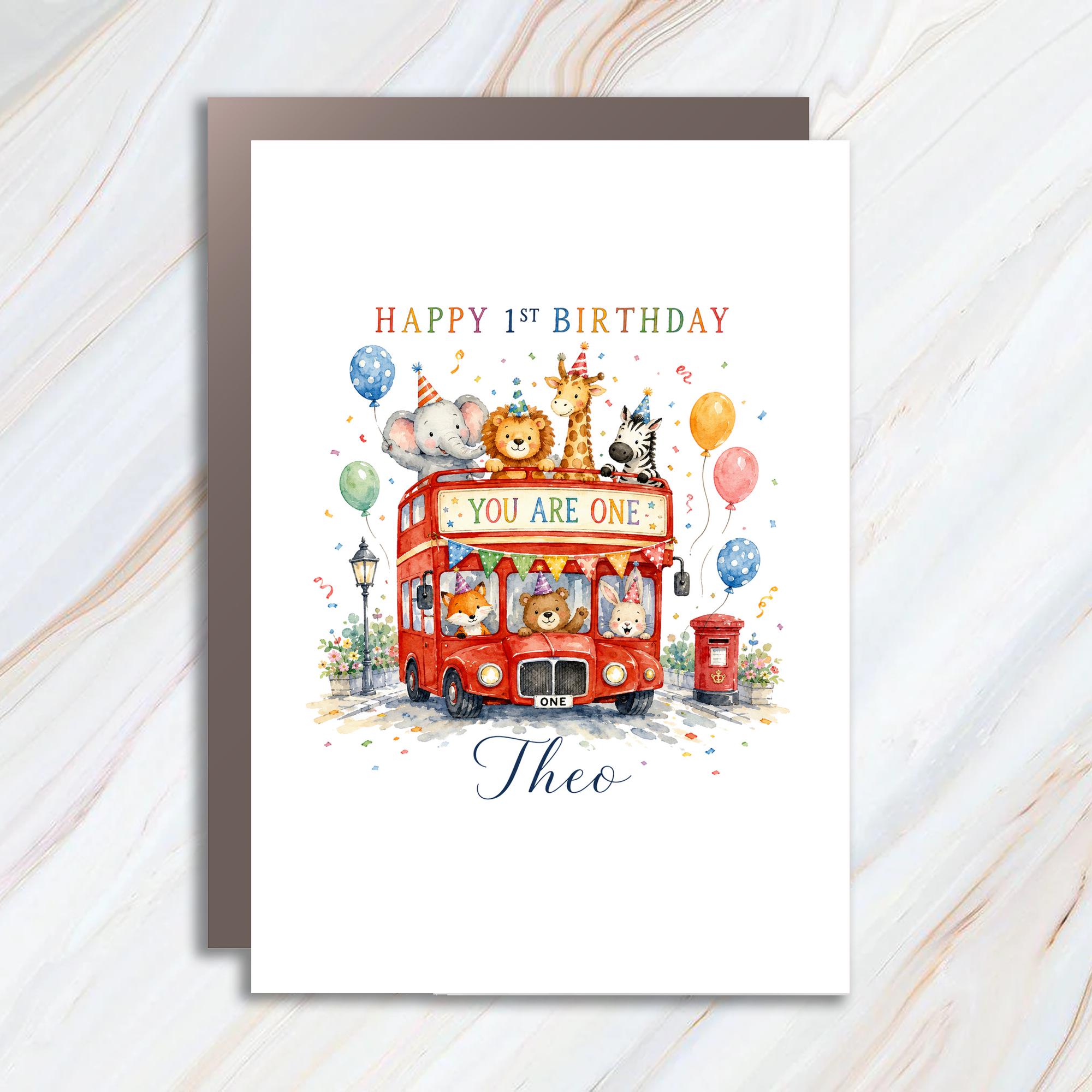 Personalized 1st Birthday Card Boy | London Bus First Birthday Card | Cute Animal Birthday Card | You Are One Card | Custom Name BC138