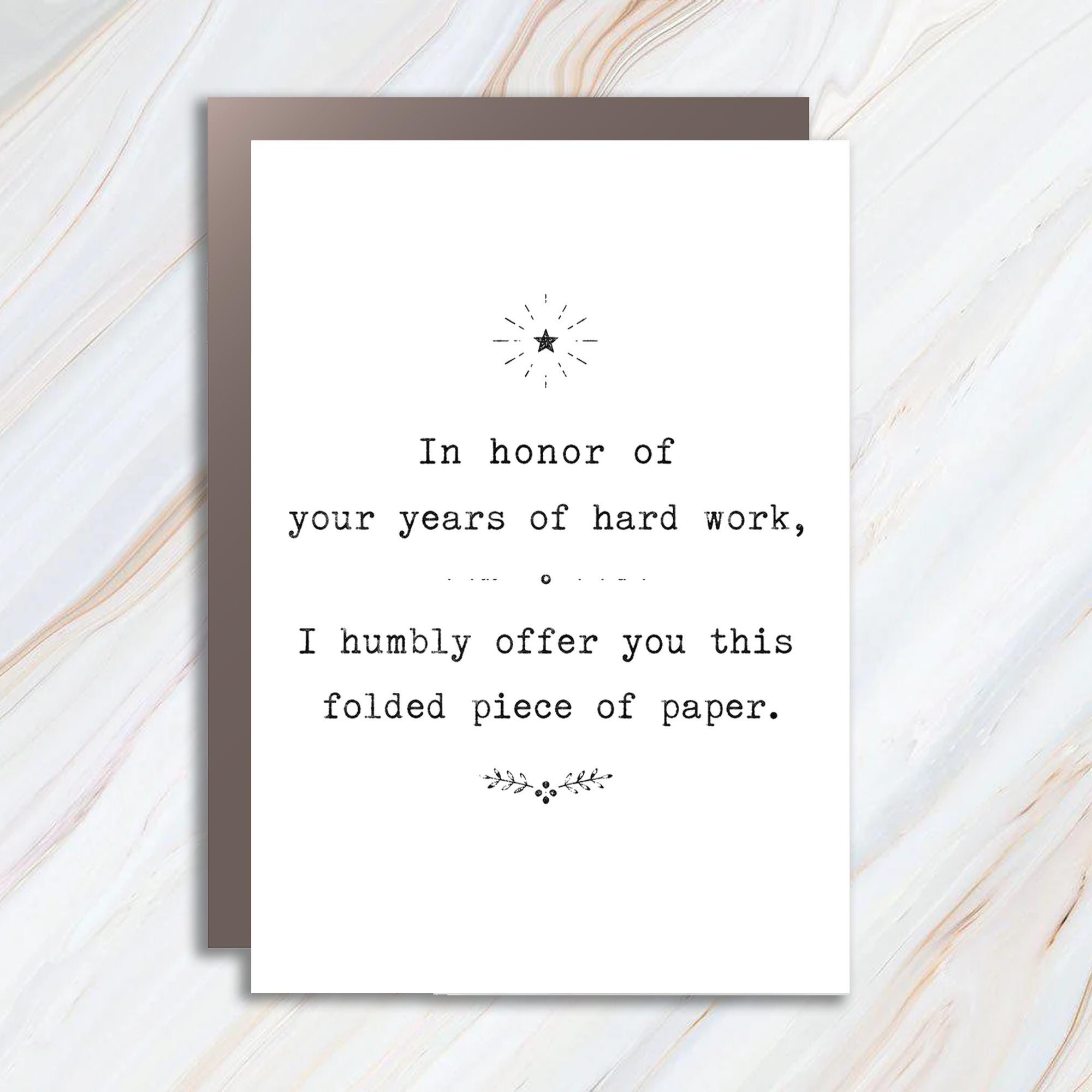 In Honor Of Your Years Of Hard Work Appreciation Card Funny Thank You Card For Colleague Boss Teacher Retirement GC2
