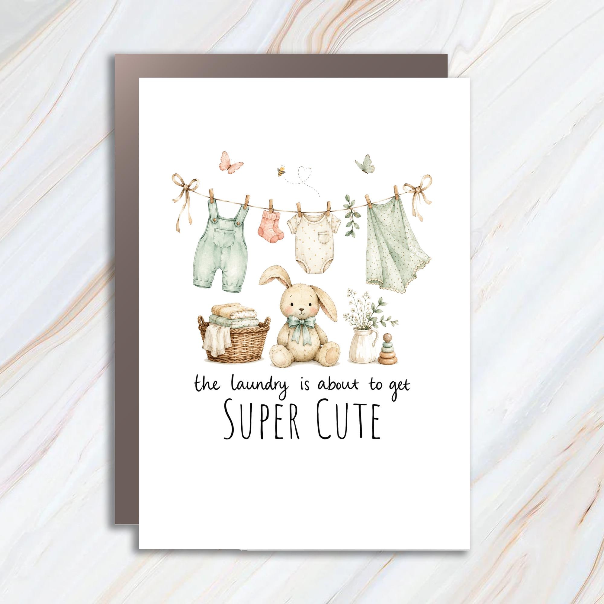 Personalized Baby Shower Card, The Laundry Is About To Get Super Cute, Baby Clothes Bunny New Parents Greeting Card For Mom Dad BSC2