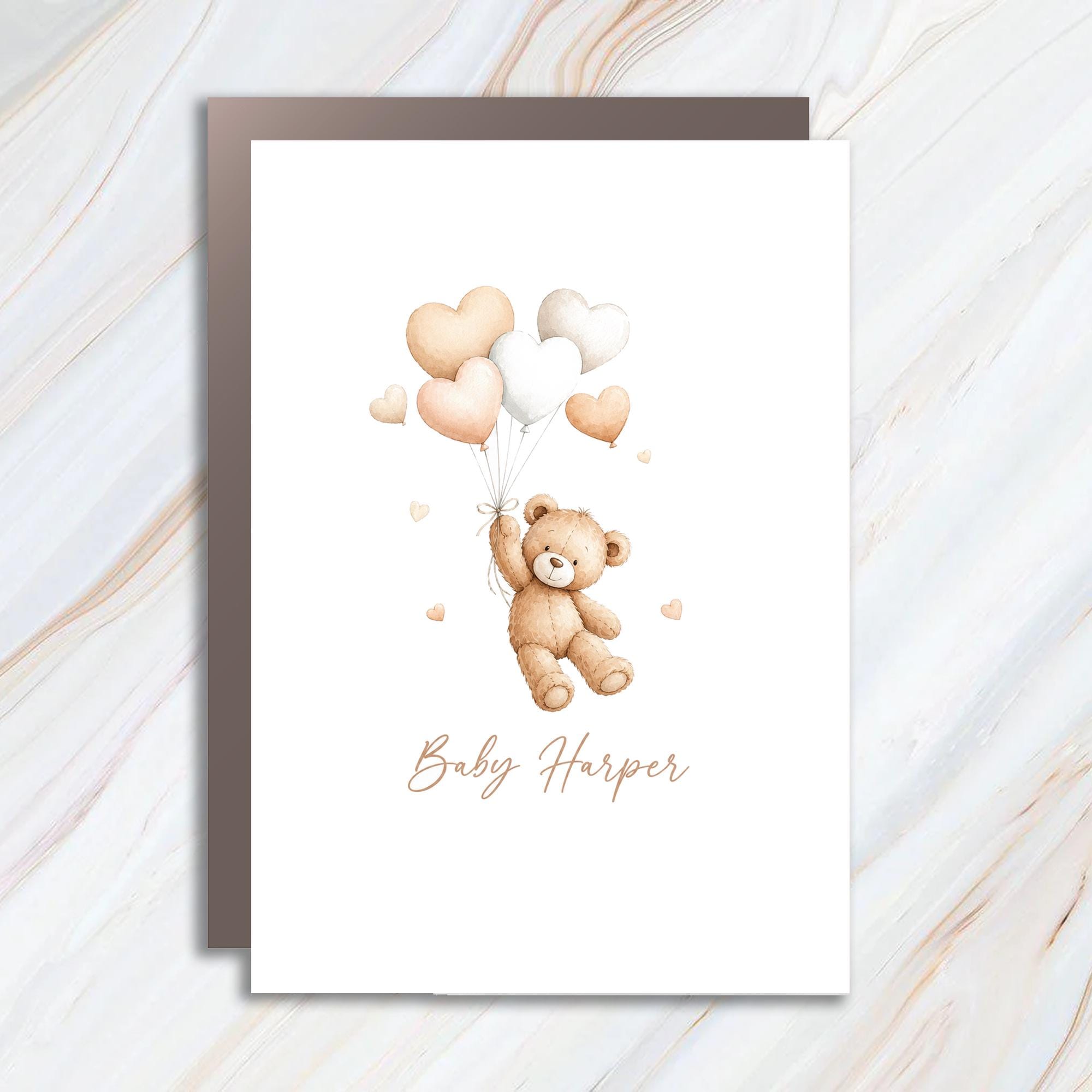 Custom Baby Shower Card Cute Teddy Bear With Heart Balloons New Baby Greeting Card For New Parents Adorable Keepsake BSC3