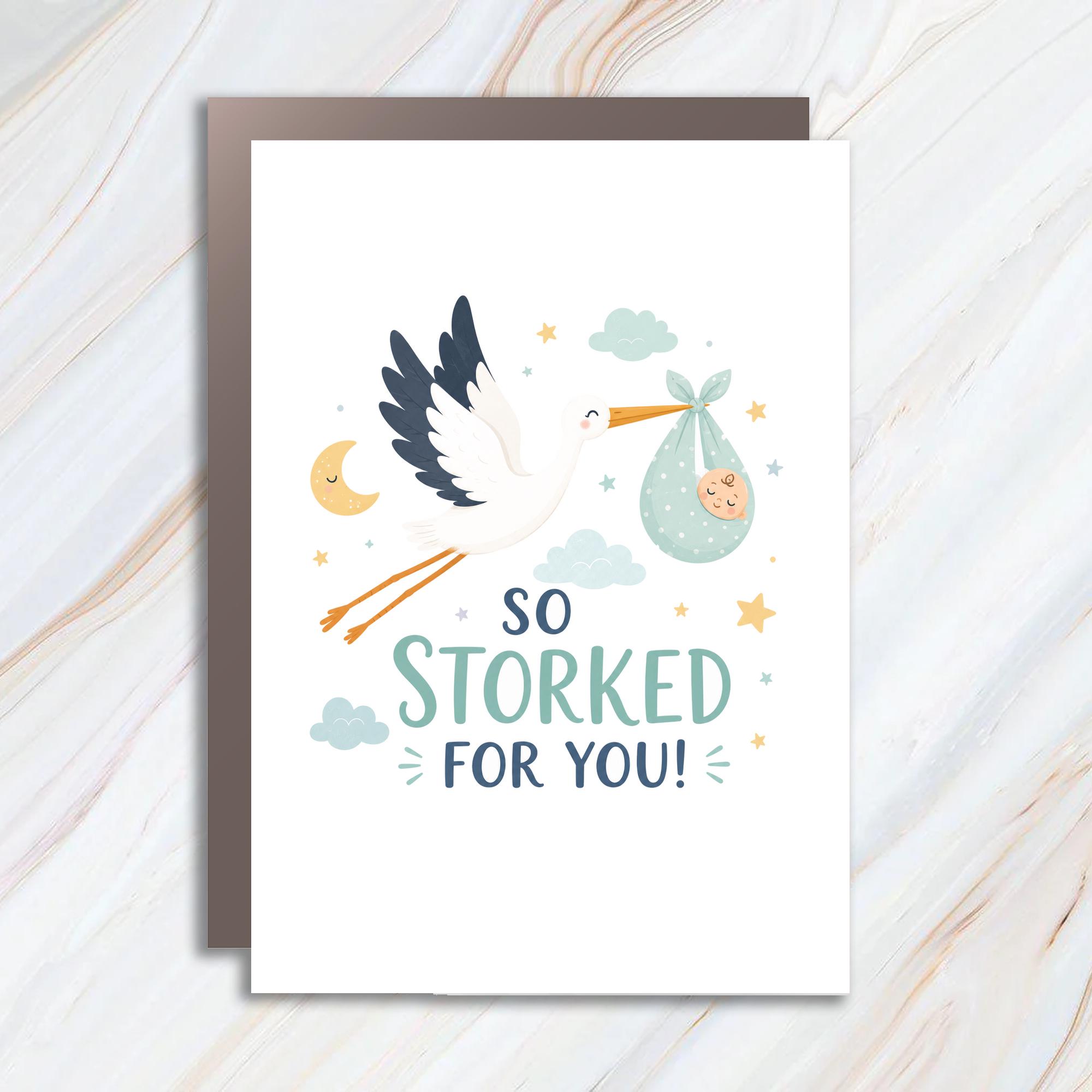 So Storked for You Card | New Baby Congratulations Card | Baby Shower Card | Pregnancy Card | New Parents Card | A Cute Stork Card BSC6