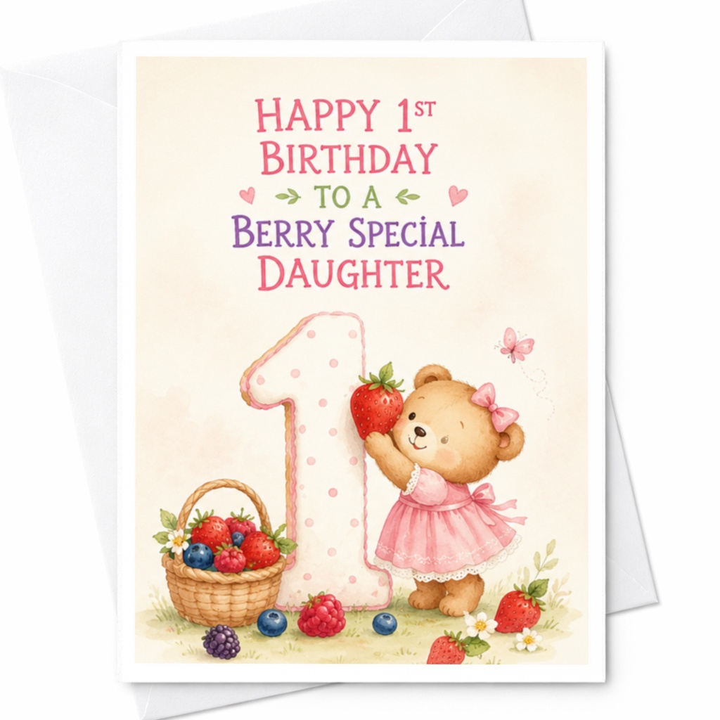 Happy 1st Birthday To A Berry Special Daughter Cute 1st Birthday Card For Daughter Adorable Bear With Strawberry C3866