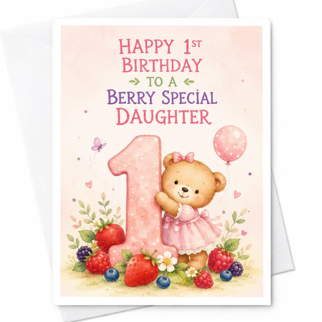 Happy 1st Birthday To A Berry Special Daughter Cute 1st Birthday Card For Daughter Strawberry Bear Kids Birthday Card C3867