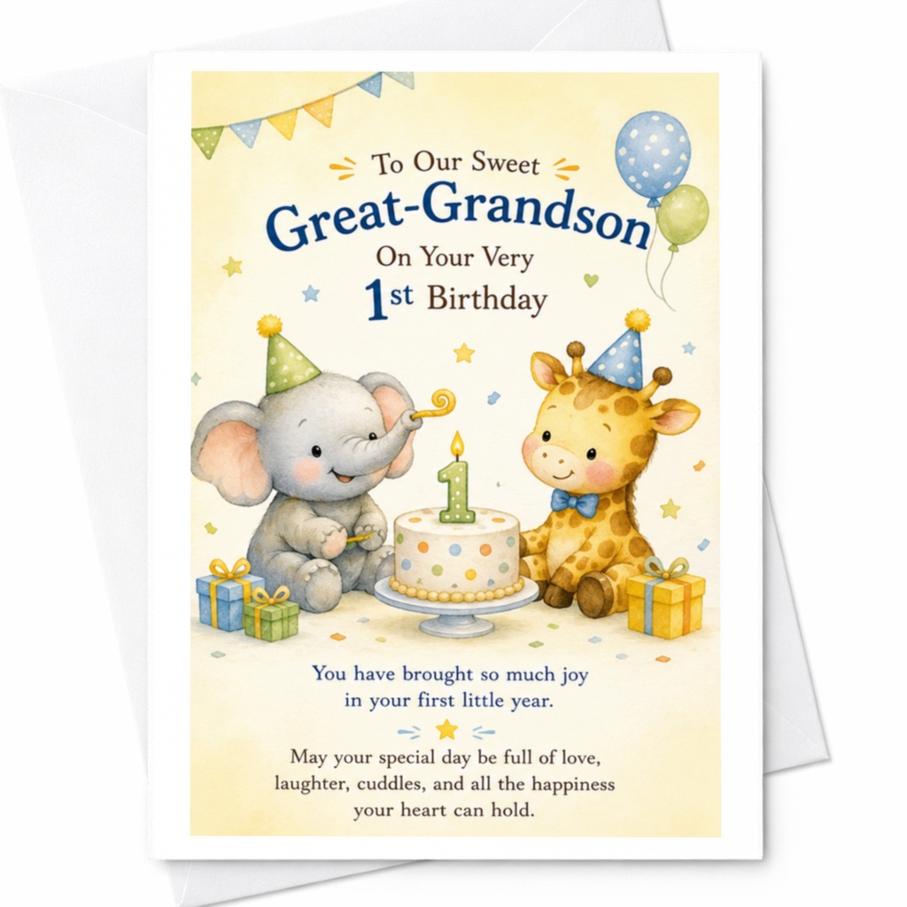 To Our Sweet Great-Grandson On Your Very 1st Birthday Card Cute Animal 1st Birthday Card From Great Grandparents Adorable Greeting C3870