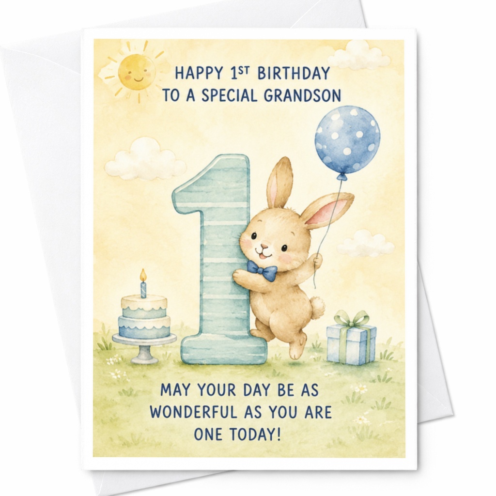 Happy 1st Birthday To A Special Grandson 1st Birthday Card Watercolor Bunny Cute Grandson Birthday Card With Balloon Cake C3872