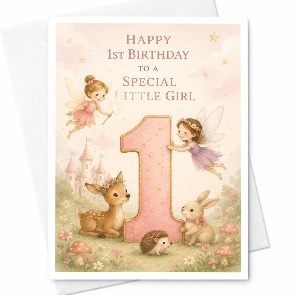 Happy 1st Birthday To A Special Little Girl Fairy Tale Animals 1st Birthday Card For Daughter Cute Pink Floral C3875