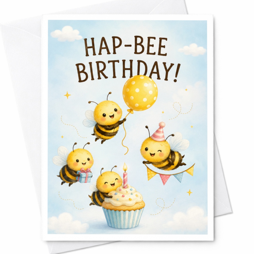 Hap-Bee Birthday! Cute Bee Birthday Card Kids Fun Animal Greeting Card With Cupcake Balloon For Child Sweet Birthday Card C3878