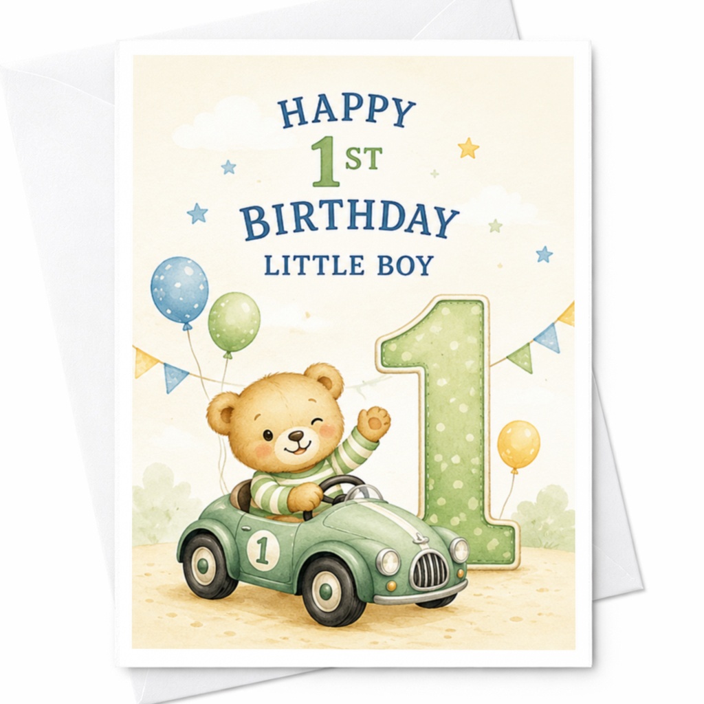 Happy 1st Birthday Little Boy Cute Teddy Bear Card 1st Birthday Card For Little Boy Adorable Baby Birthday Greeting Card C3880