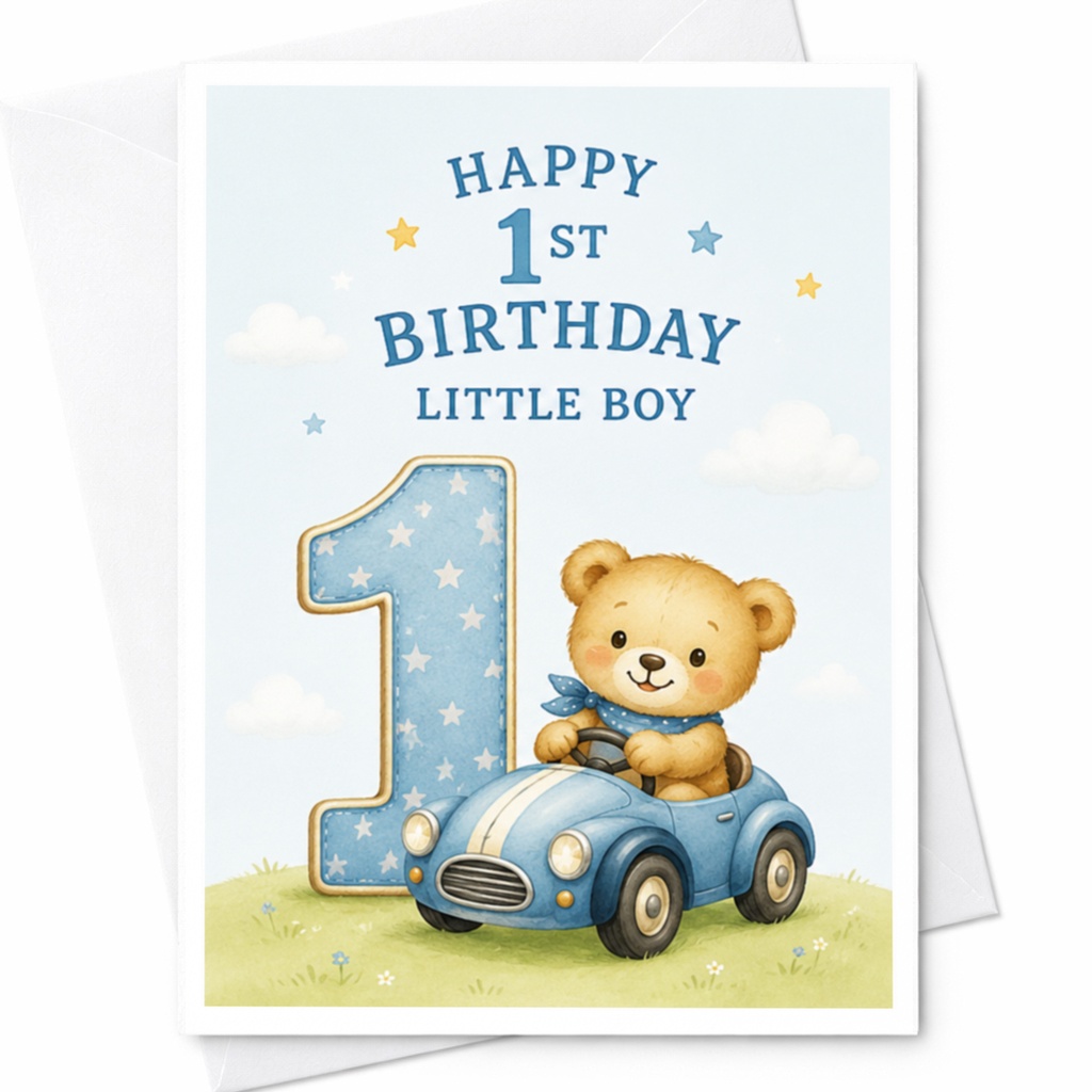 Happy 1st Birthday Little Boy Cute Bear 1st Birthday Card For Son Baby Boy First Birthday Celebration Adorable Kids Card C3881