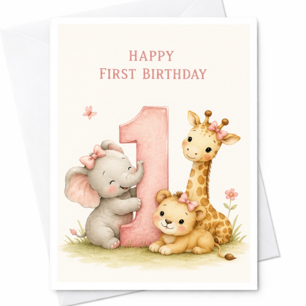 Happy First Birthday 1st Birthday Card Cute Animal Theme Elephant Lion Giraffe For Kids Adorable Greeting Card C3884